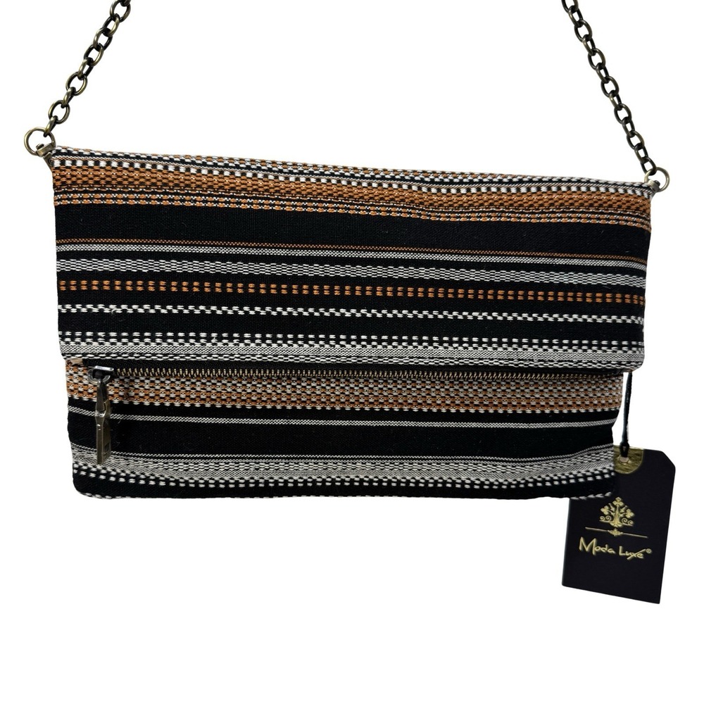 Moda Luxe Foldover Crossbody Clutch‎ Black Yellow Stripe Woven Bag NWT 11x6.5